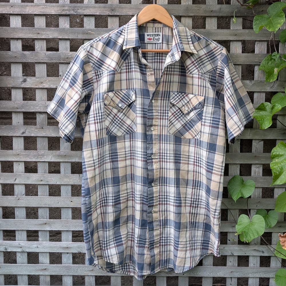Vintage Mens Medium Western Shirt Plaid MWG Canada Cowboy Peal Snap Short Sleeve